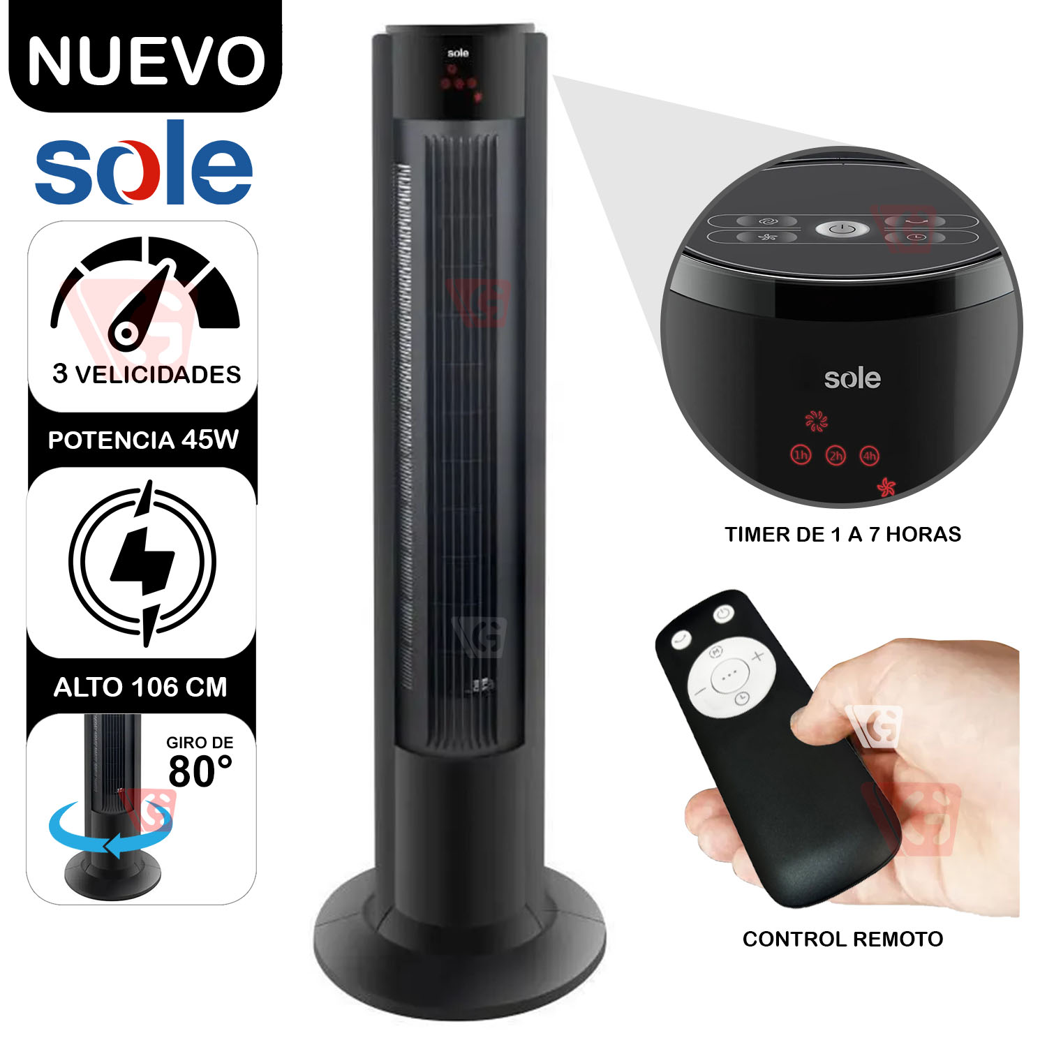  Ventilador de Aire Tipo Torre 106cm SOLAIR018 - Negro