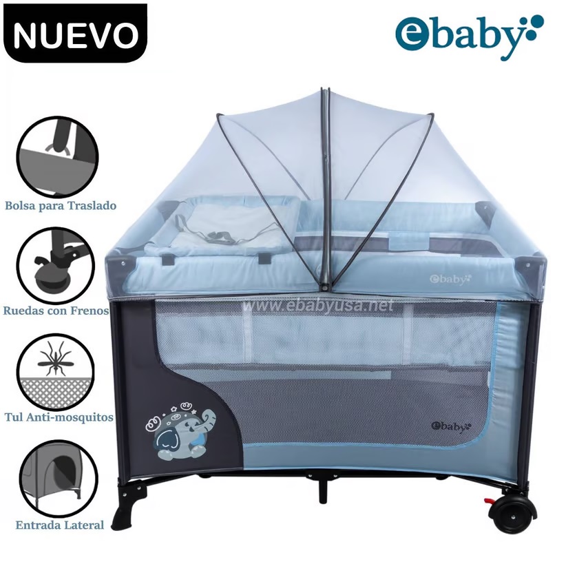 	 Cuna Corral Ebaby con Cambiador Happy Dream Celeste 727-2