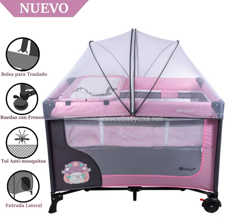 	 Cuna Corral Ebaby con Cambiador Happy Dream Rosado 727-2