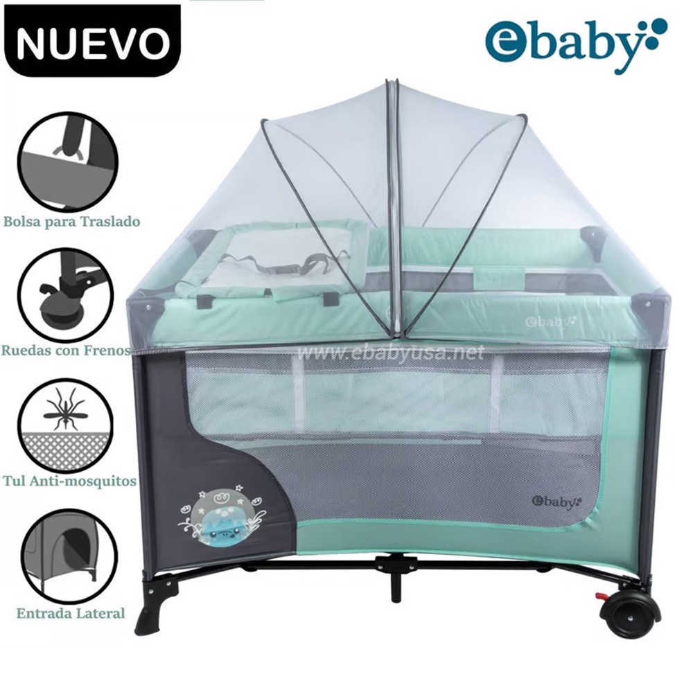 	 Cuna Corral Ebaby con Cambiador Happy Dream Verde 727-2