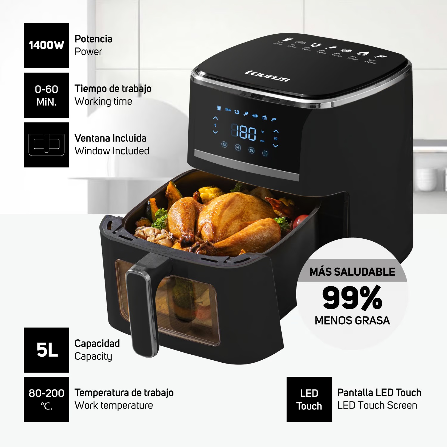 Freidora de Aire Taurus 5lts Mod Silver Fryer