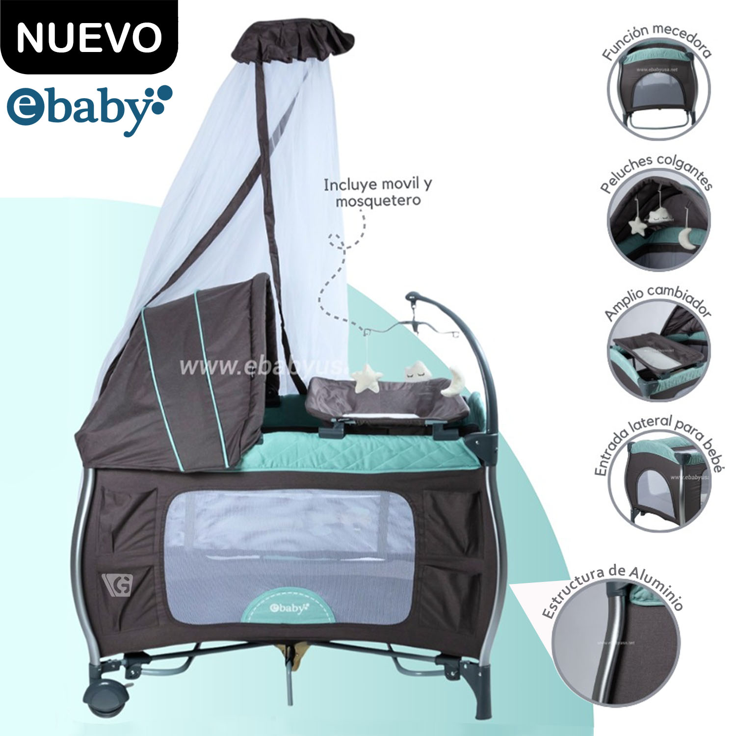 Cuna Corral Aluminio NAPY 779C-1 Tul Reina - Verde