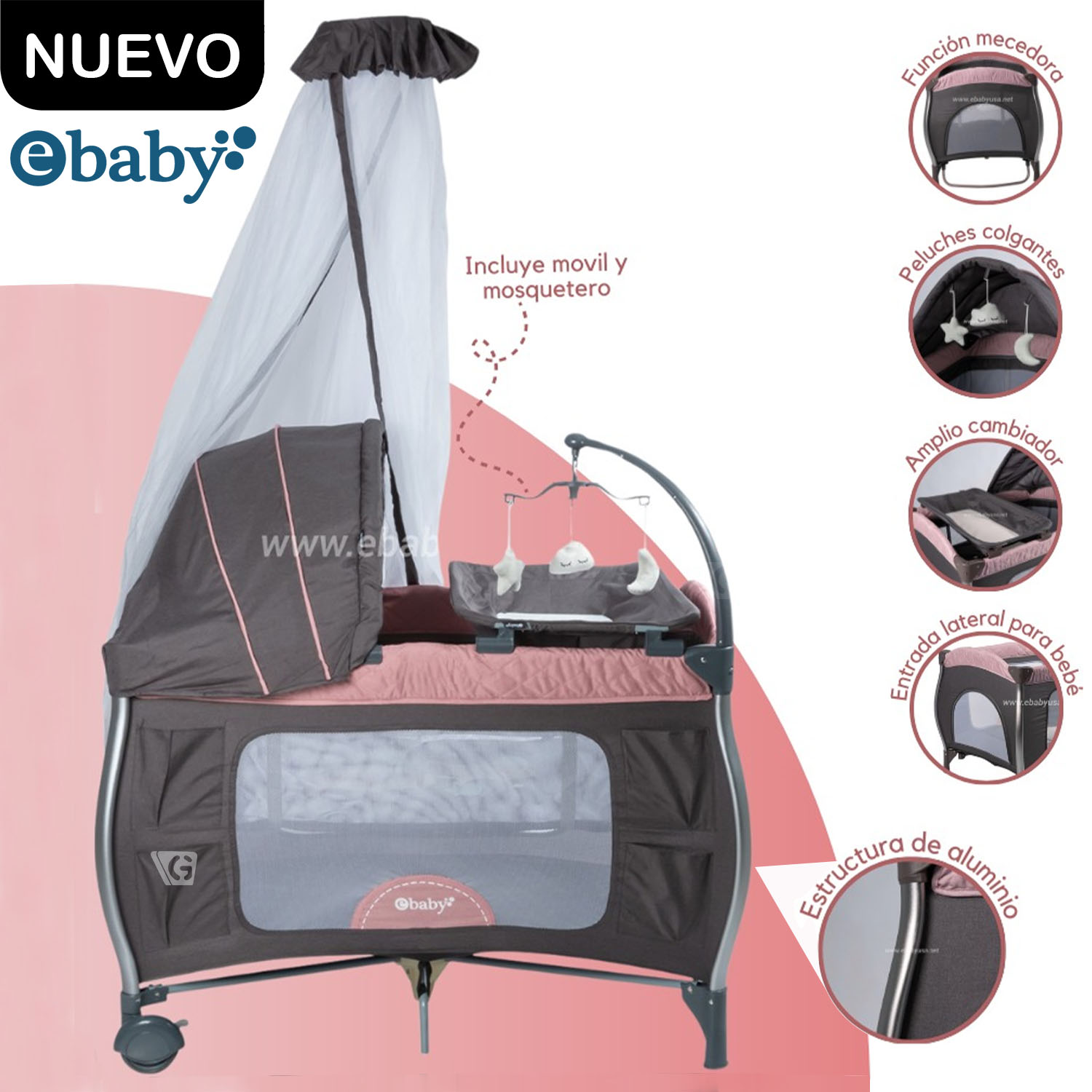 Cuna Corral Aluminio NAPY 779C-1 Tul Reina - Rosado