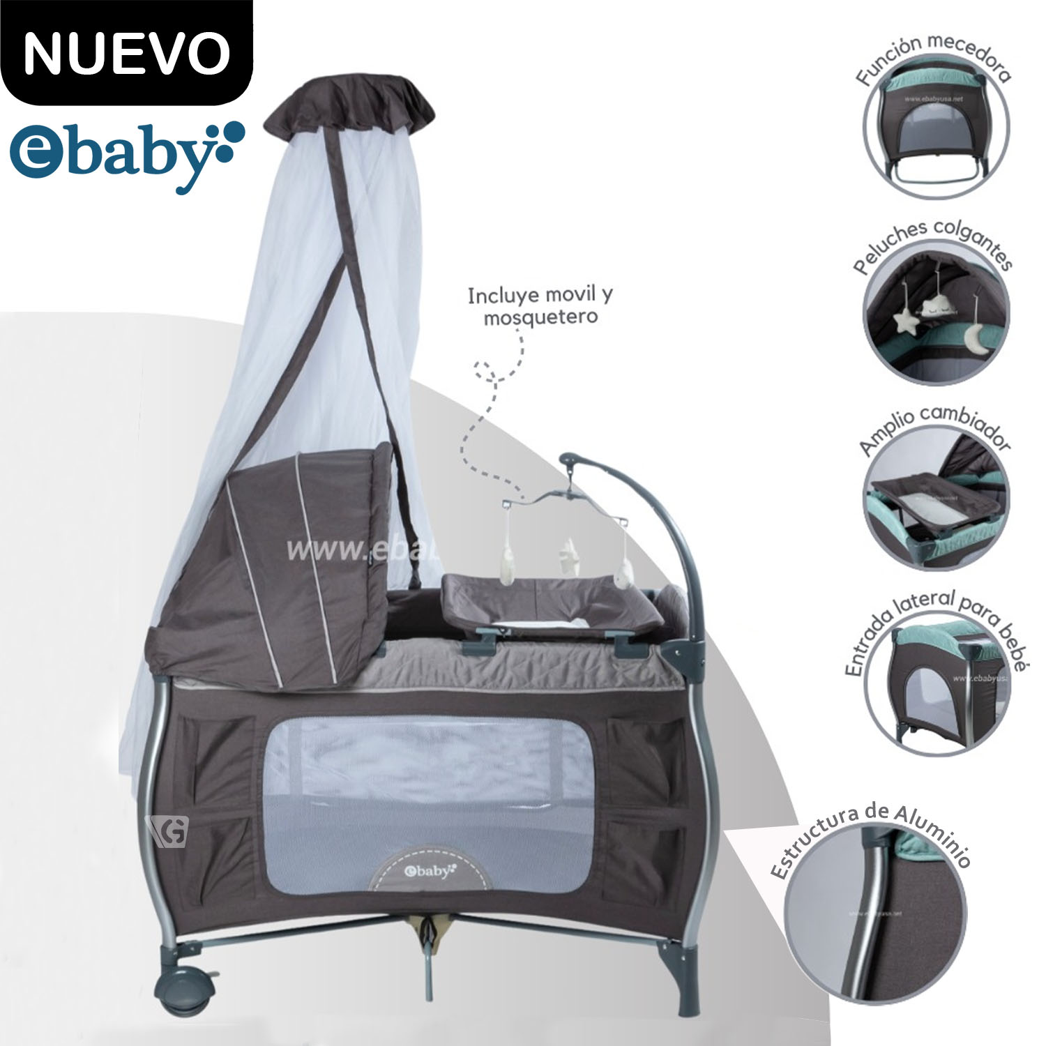 Cuna Corral Aluminio NAPY 779C-1 Tul Reina - Gris