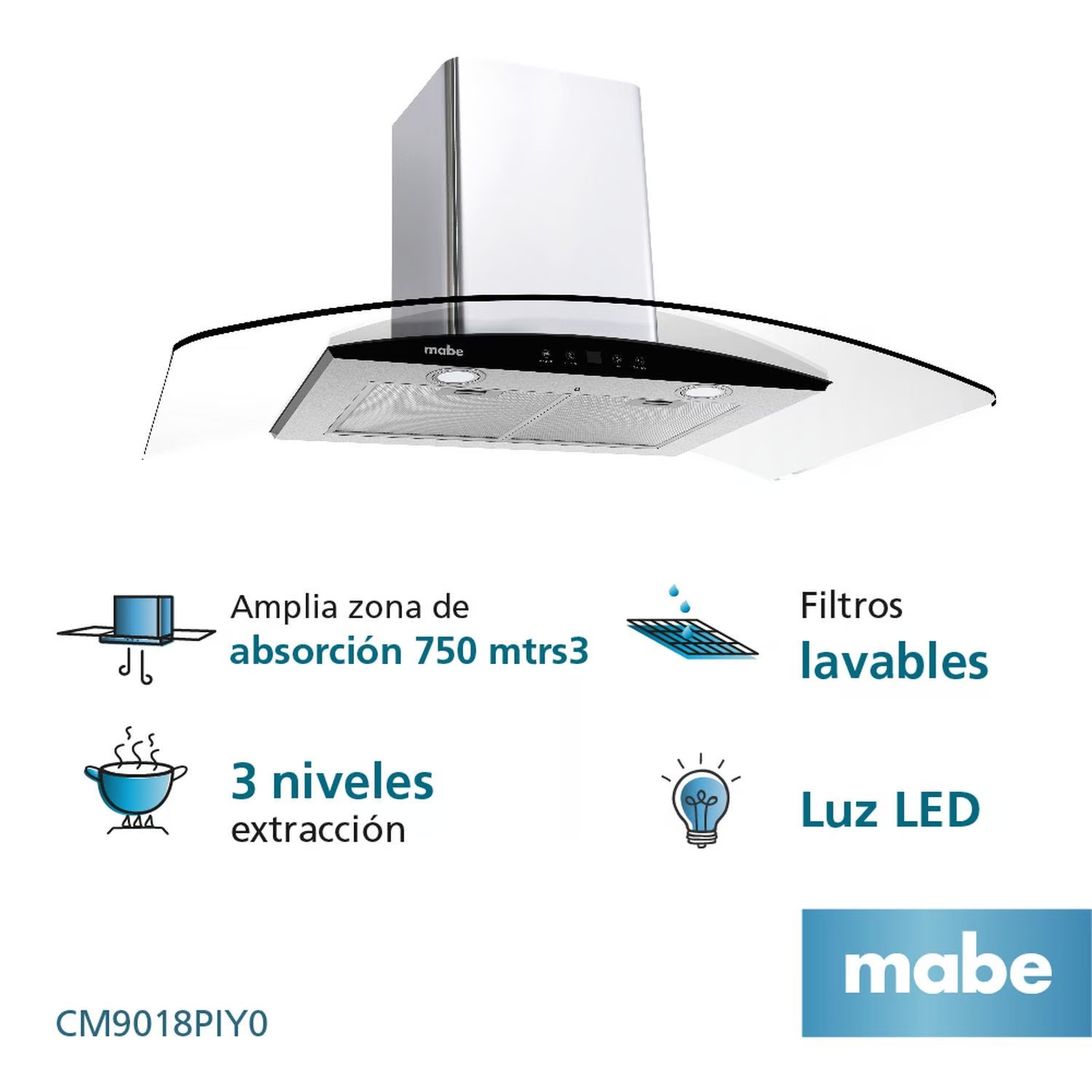 Campana de Pared 90 cm 3 Velocidades Inox Mabe - CM9018PIY0